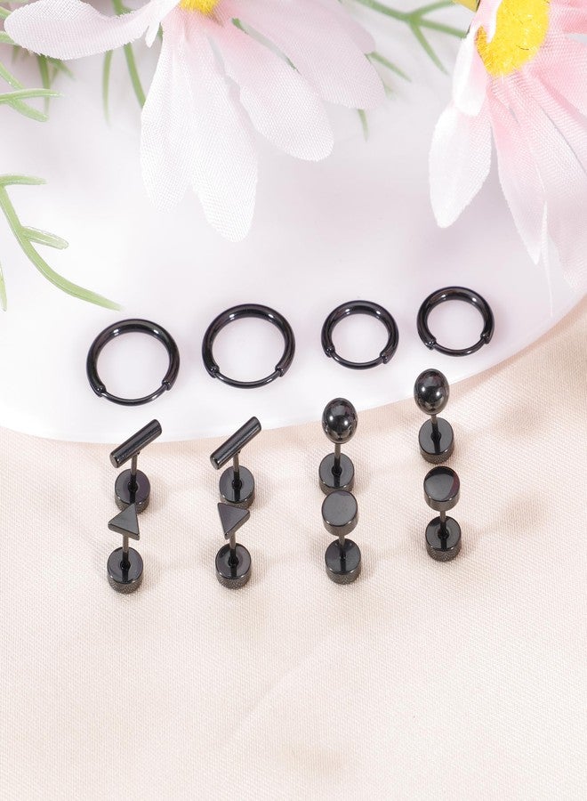 Staligue 6-Pair G23 Pure Titanium Earrings Set - Hypoallergenic 20G Flat Back Hoops & Studs with Ball, Dot, Triangle Designs for Sensitive Ears & Cartilage Piercing (Black) - Image 3
